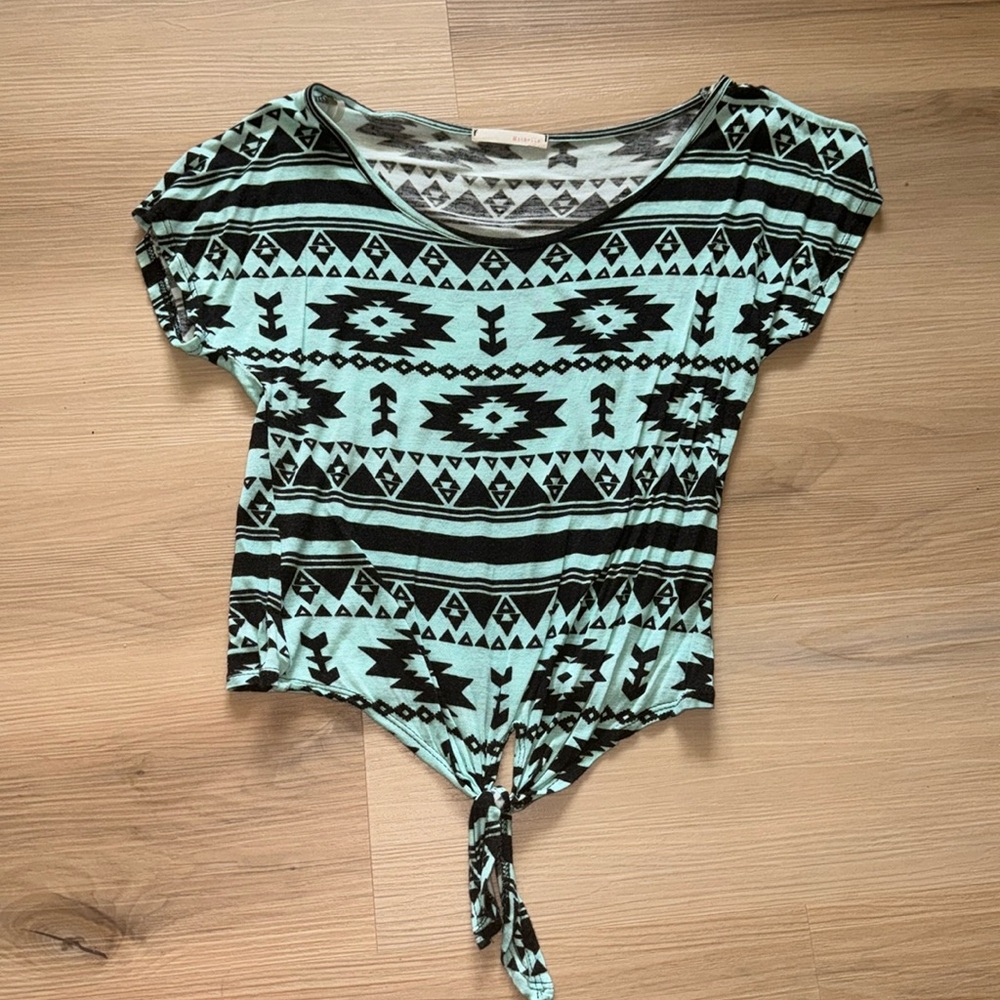 Mint Green Black tribal Aztec Crop top, tie front small